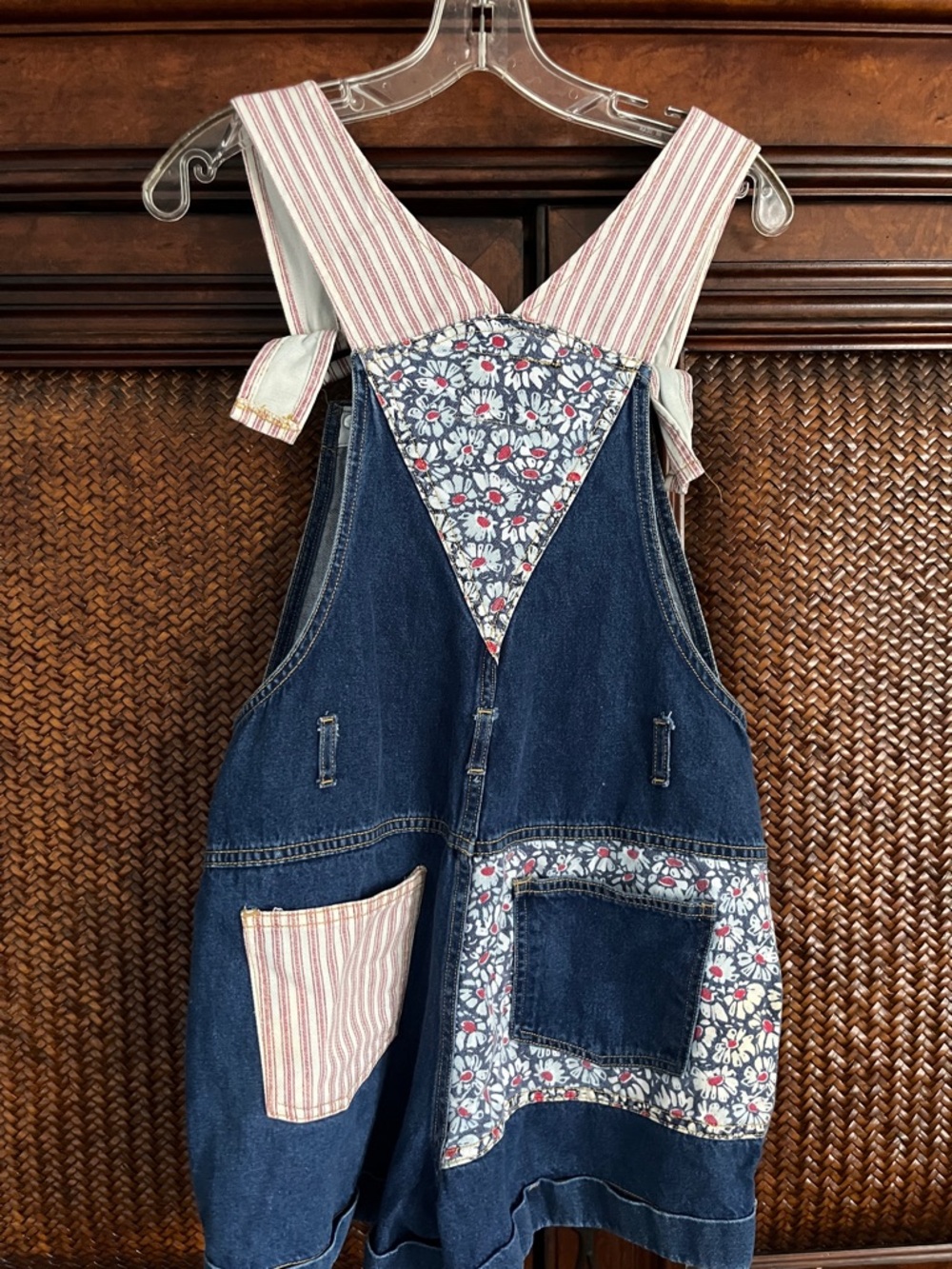 Dark Blue Denim Short Overalls with Floral Pocket Detail - Picture 3 of 4